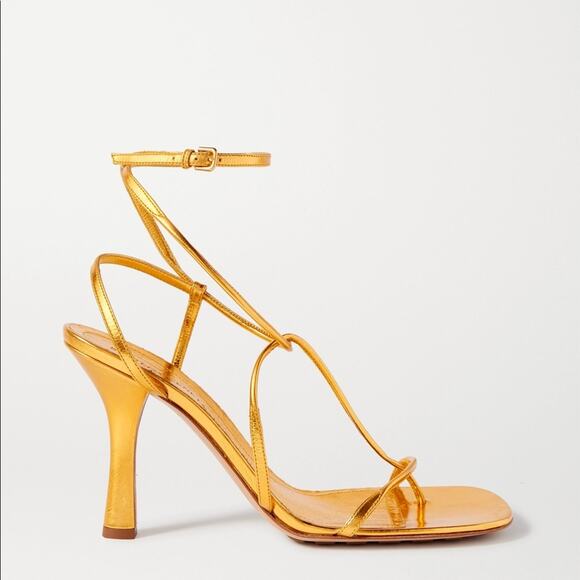 BOTTEGA VENETA Line Metallic Gold Strappy Leather Heeled Sandals - Picture 1 of 11